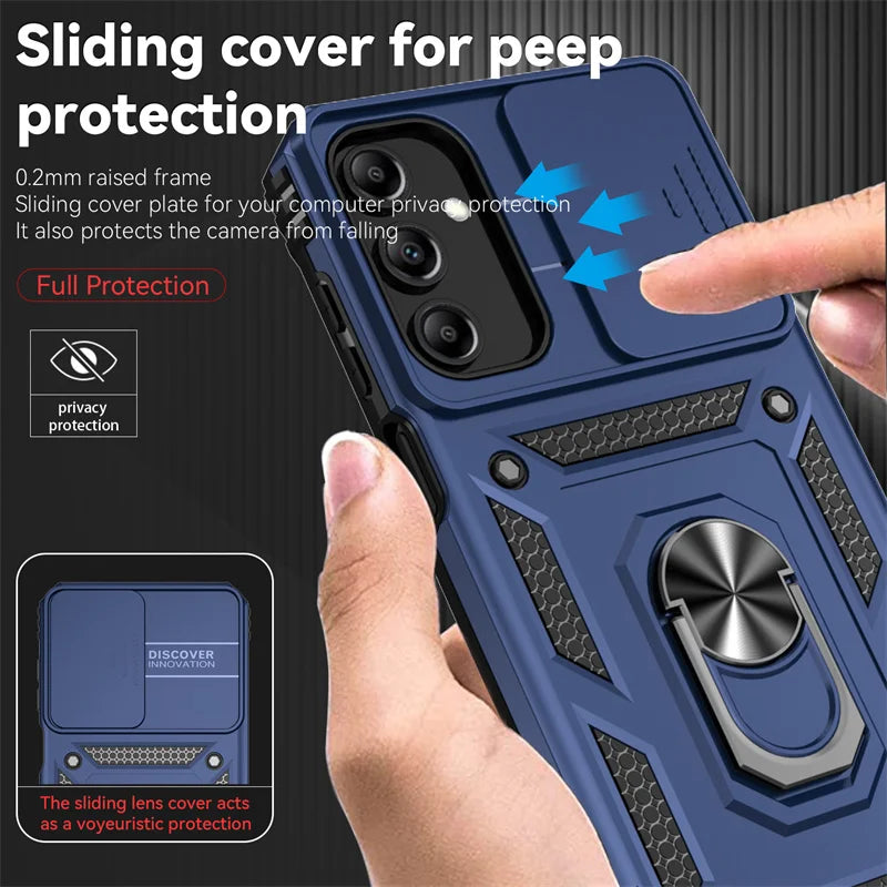 Slide Camera Lens Military Grade Armor Case for Samsung Galaxy A15 A25 A35 A55 5G Phone Holder Ring Stand Cover