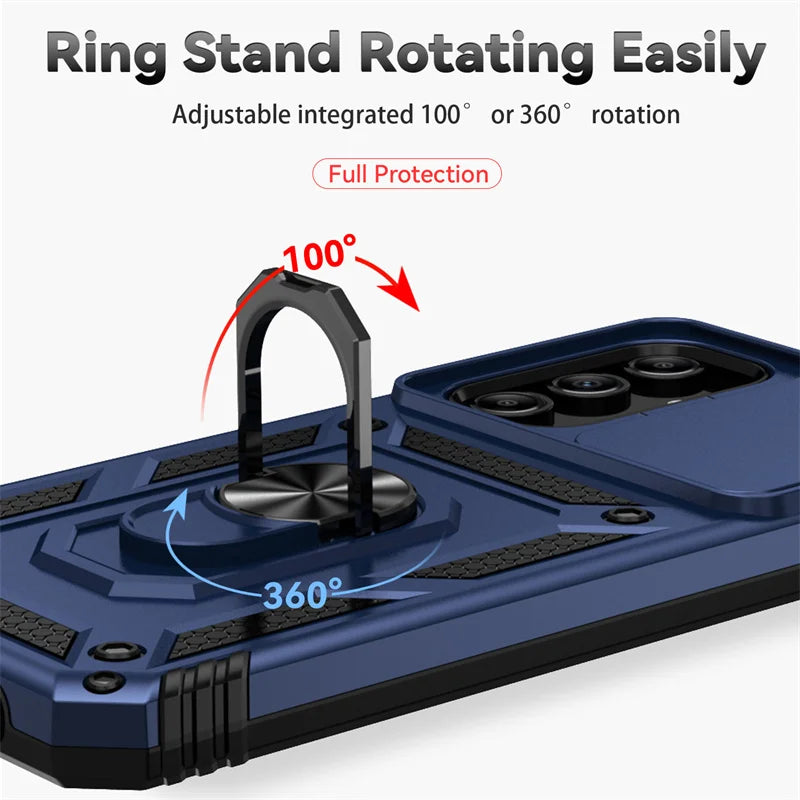 Slide Camera Lens Military Grade Armor Case for Samsung Galaxy A15 A25 A35 A55 5G Phone Holder Ring Stand Cover