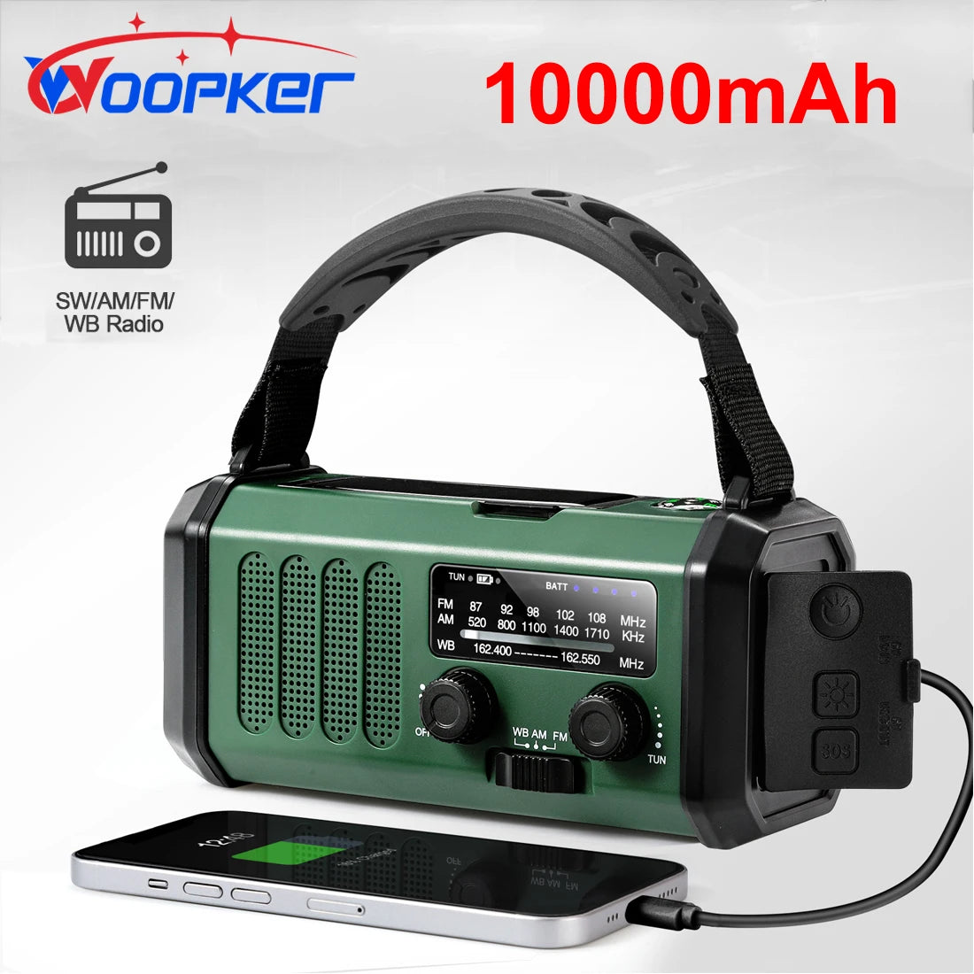 10000Mah Emergency Radio E30 FM Radio Solar Hand Crank AM/NOAA LED Dual USB Rechargeable Portable SOS Alarm Power Bank