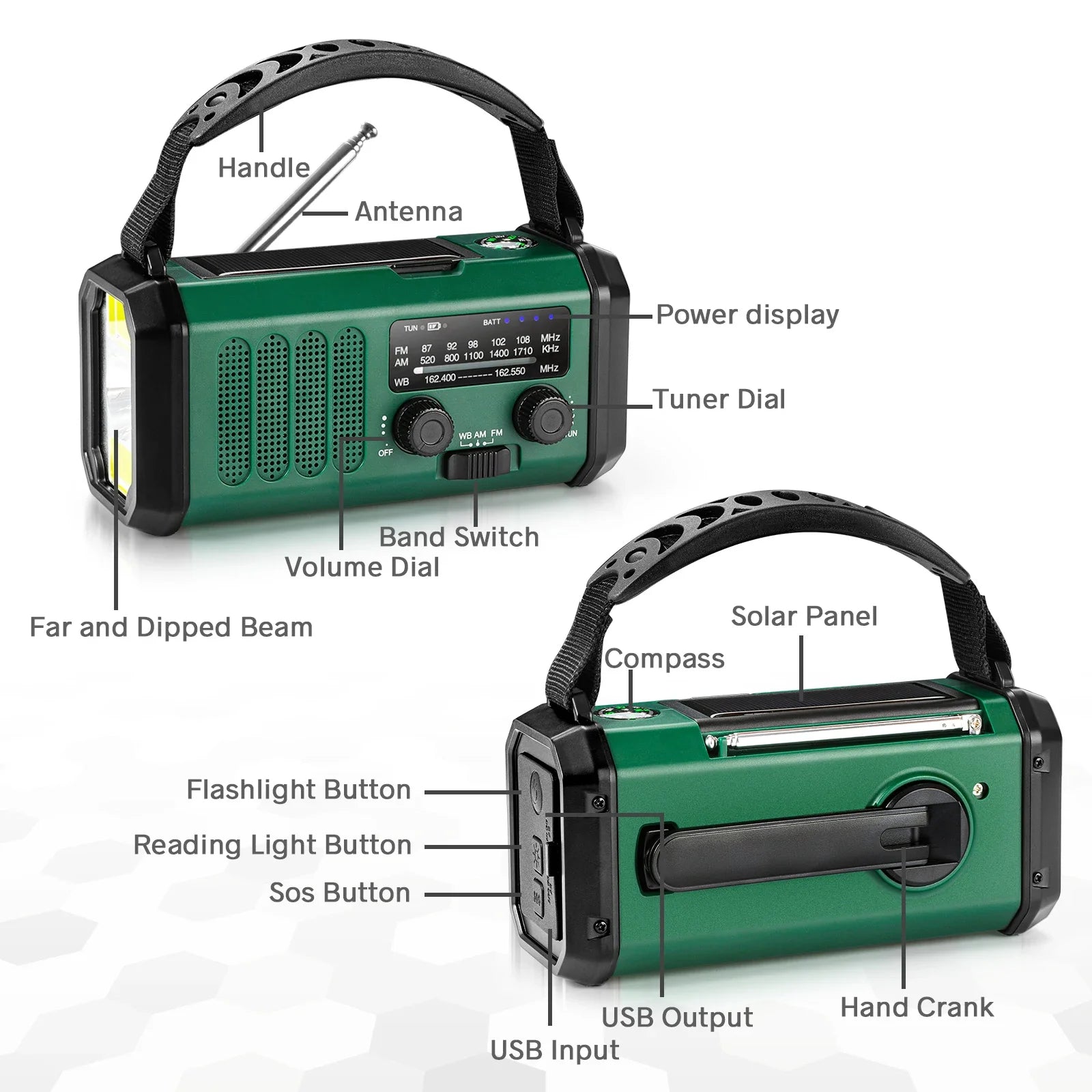 10000Mah Emergency Radio E30 FM Radio Solar Hand Crank AM/NOAA LED Dual USB Rechargeable Portable SOS Alarm Power Bank