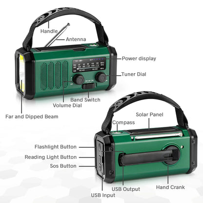 10000Mah Emergency Radio E30 FM Radio Solar Hand Crank AM/NOAA LED Dual USB Rechargeable Portable SOS Alarm Power Bank