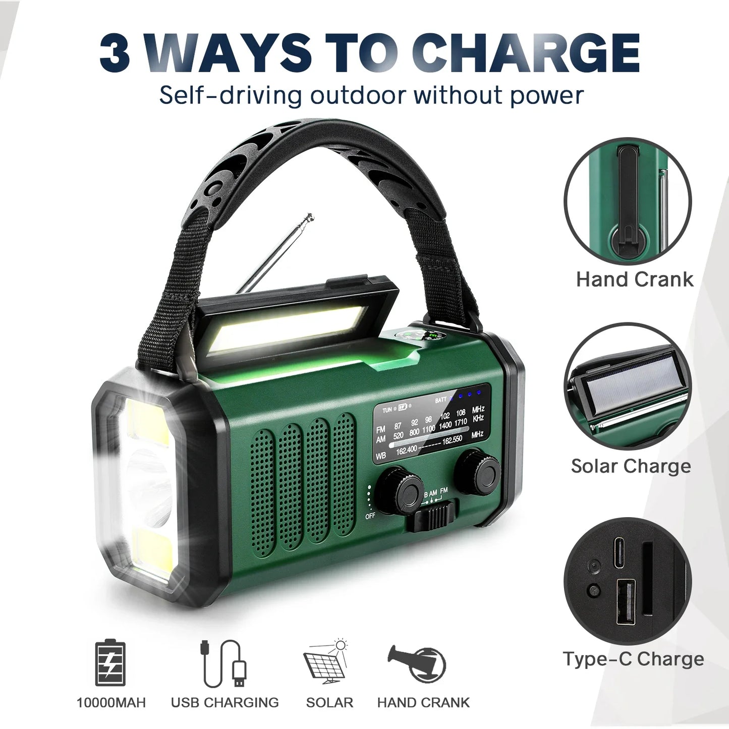 10000Mah Emergency Radio E30 FM Radio Solar Hand Crank AM/NOAA LED Dual USB Rechargeable Portable SOS Alarm Power Bank